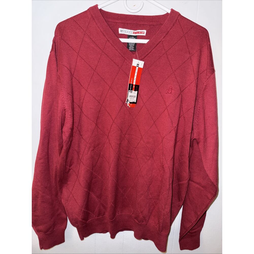 NWT Grand Slam Sweater Men's Large Red Fire Knit Golf V-neck Pullover